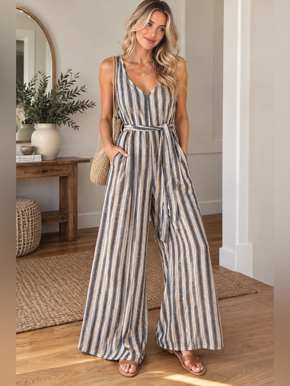 Max Studio Striped V-Neck Wide-Leg Jumpsuit in Blue and Cream